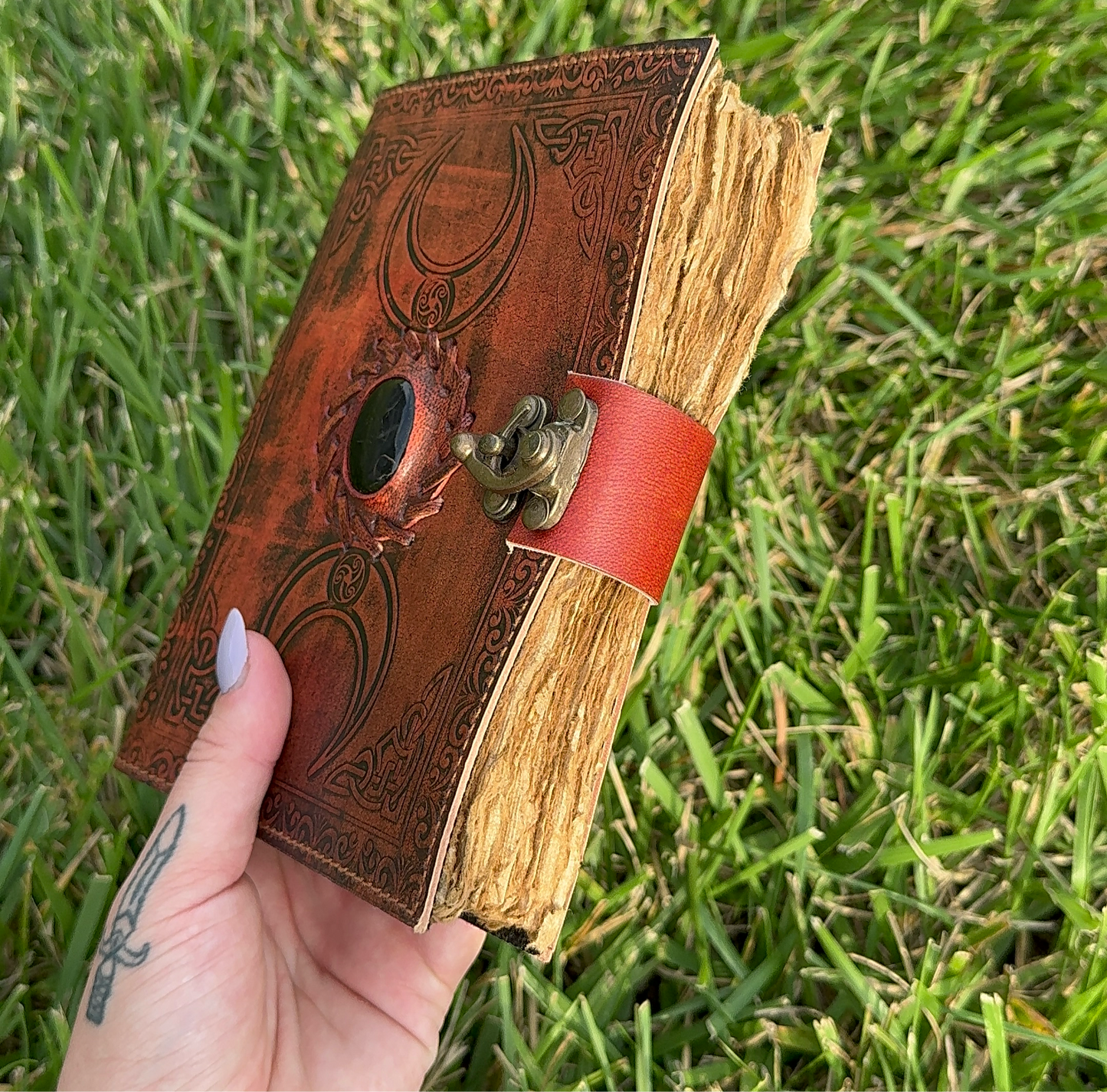 Antique Leather Journal/Grimoire with Crystal