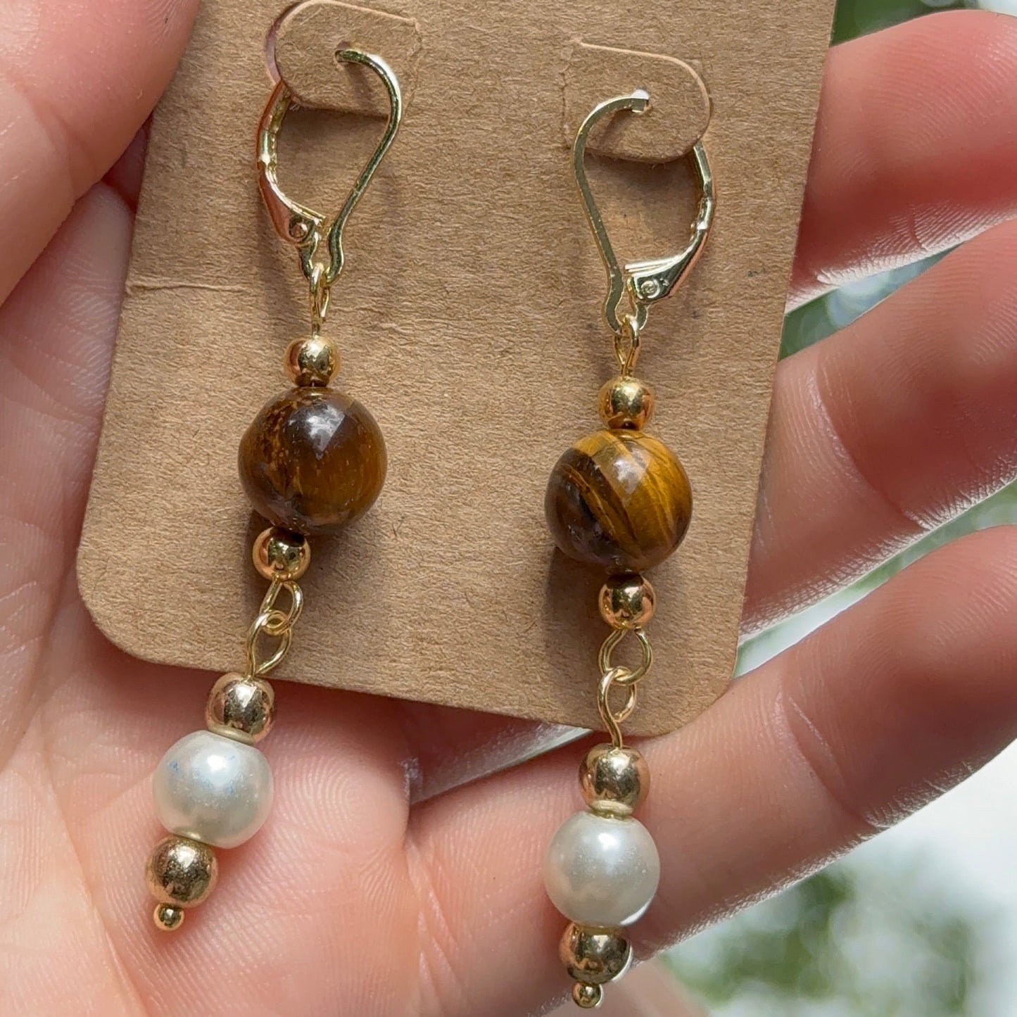 Tigers Eye & Pearl 14k Gold Earrings