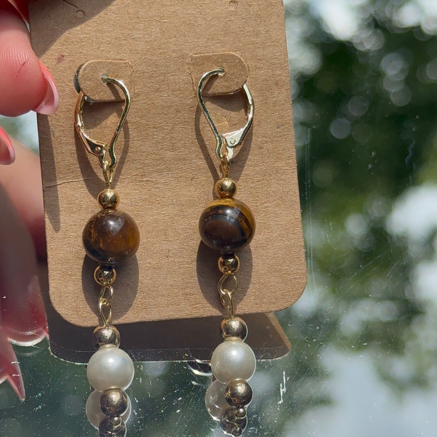 Tigers Eye & Pearl 14k Gold Earrings