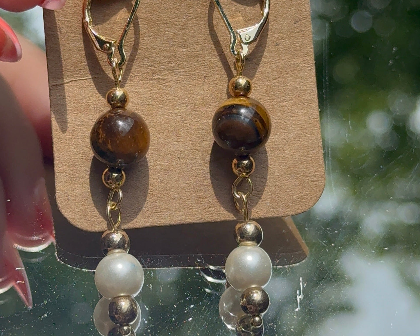 Tigers Eye & Pearl 14k Gold Earrings