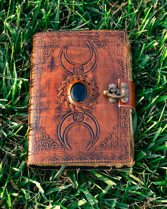 Antique Leather Journal/Grimoire with Crystal