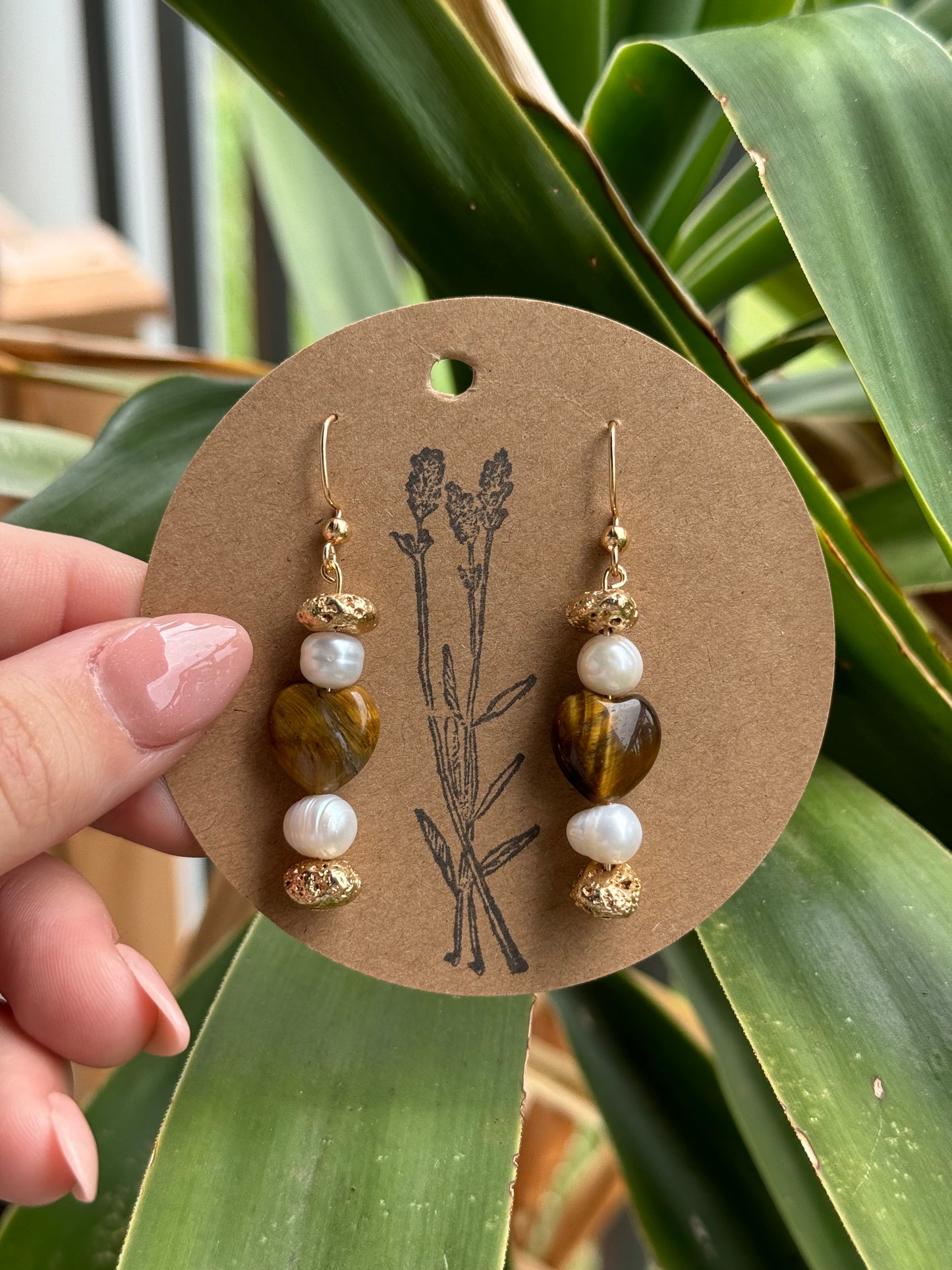 Natural Pearl & Tigers Eye Protection Earrings