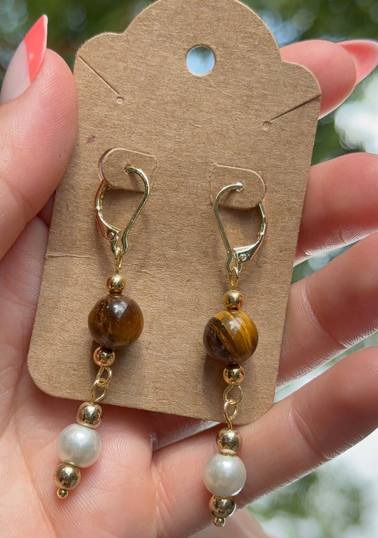 Tigers Eye & Pearl 14k Gold Earrings