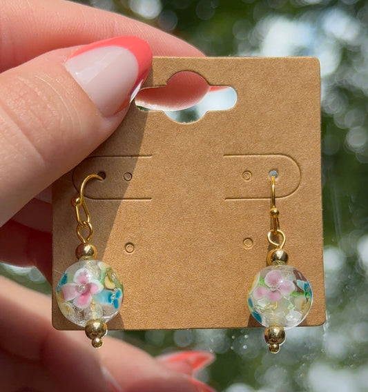 Floral Glass Bead 14k Gold Earrings