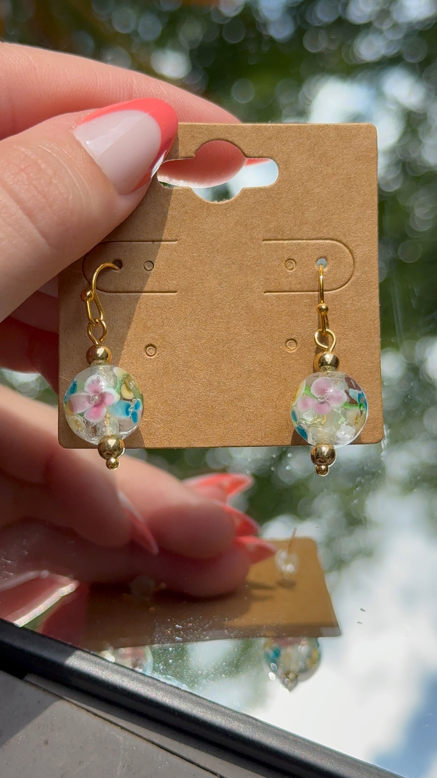 Floral Glass Bead 14k Gold Earrings